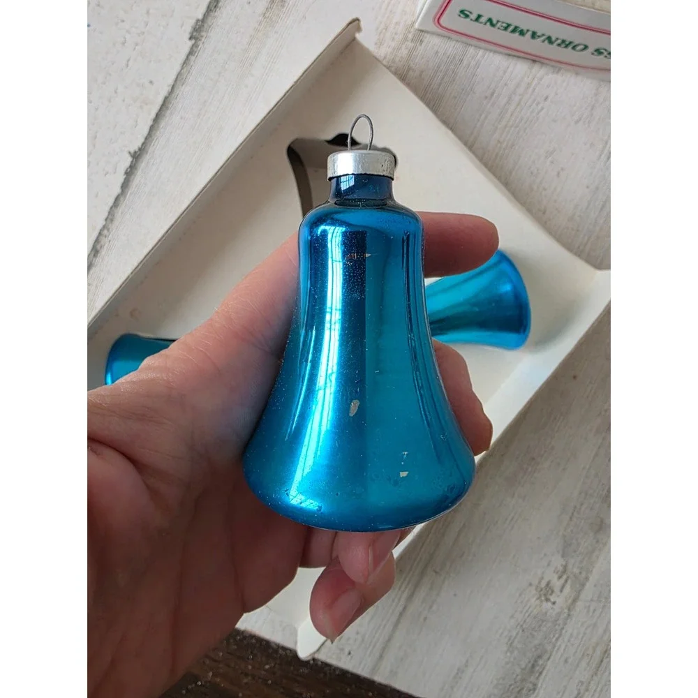 Vintage Franke Blue Bell mercury glass ornament set box Xmas tree